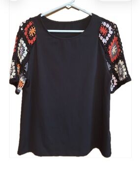 Black Short-Sleeve Top with Multicolor Crochet Sleeves